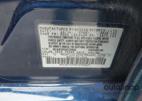 2017 Nissan Sentra Sr z USA, uszkodzony, nr VIN 3N1AB7AP0HY230869